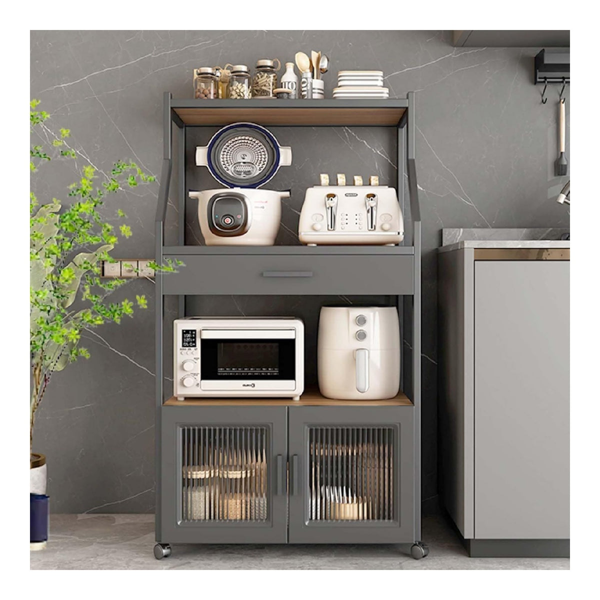 Kitchen Cabinet, Sideboard Kuche, Mikrowellenschrank, Backerregal, Standregal, Kuchenschrank Mit Arbeitsplatte Und Universalrad, Fur Zuhause, Buro, Speisekammer, Garage ( Color : Black-4layer , Size :