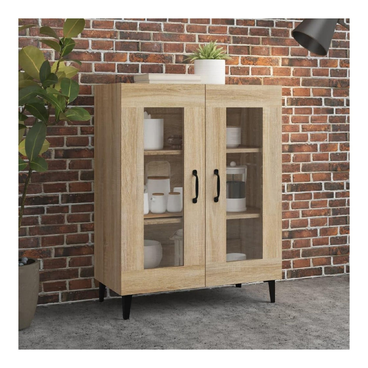 Sideboard Sonoma-Eiche 69,5x34x90 cm, Holzwerkstoff, mit 2 Turen & Glasvitrine, Robustes Buffet fur Wohnzimmer, Esszimmer & Kuche, vielseitiger Stauraum