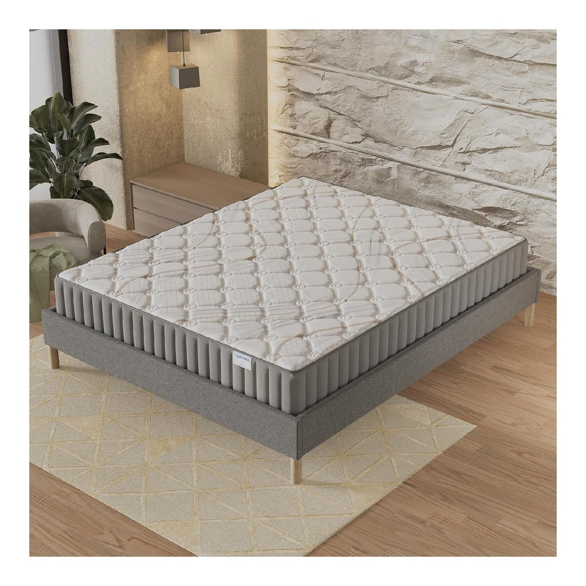 NOVEMBER - Matratzen-Set (120 x 190cm) - Matratze Sirius mit Naturlatex & hochdichtem Schaum, 22cm dick + stabiles & Robustes Holzuntergestell, Bezug aus grauem Stoff