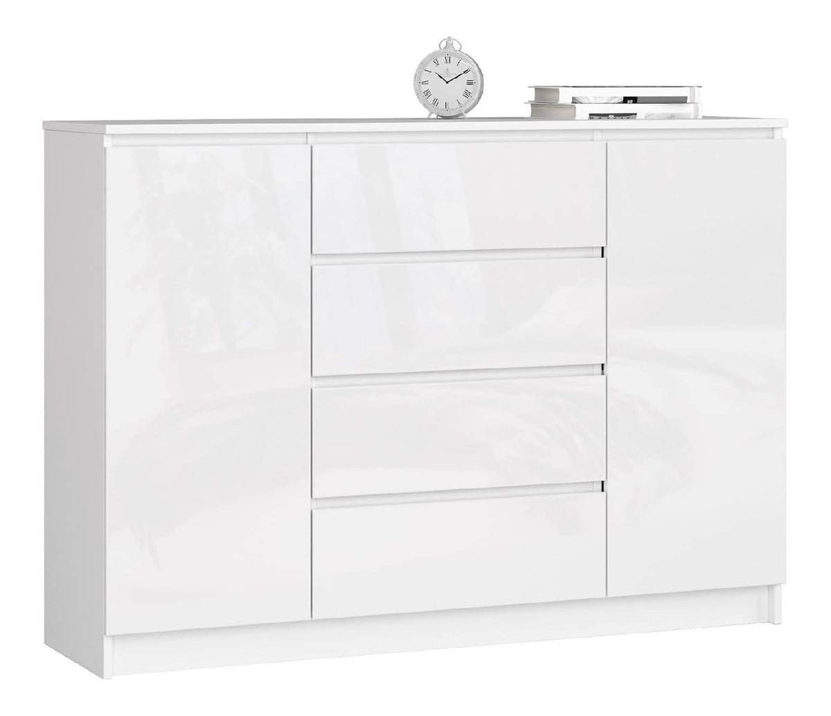 Kommode K 140 cm 4 Schubladen und 2 Turen zum Wohnzimmer Schlafzimmer Arbeitszimmer Modernes funktionales Design Schichtstoffplatte Farbe wei glanzend