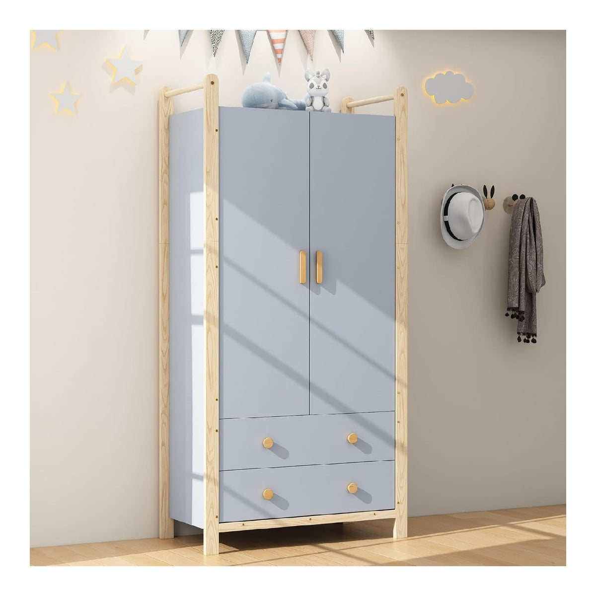Kleiderschrank 2 Turig mit Schubladen Kinderzimmer Kleiderschrank mit Stange Schlafzimmerschrank Flurgarderobe Blau