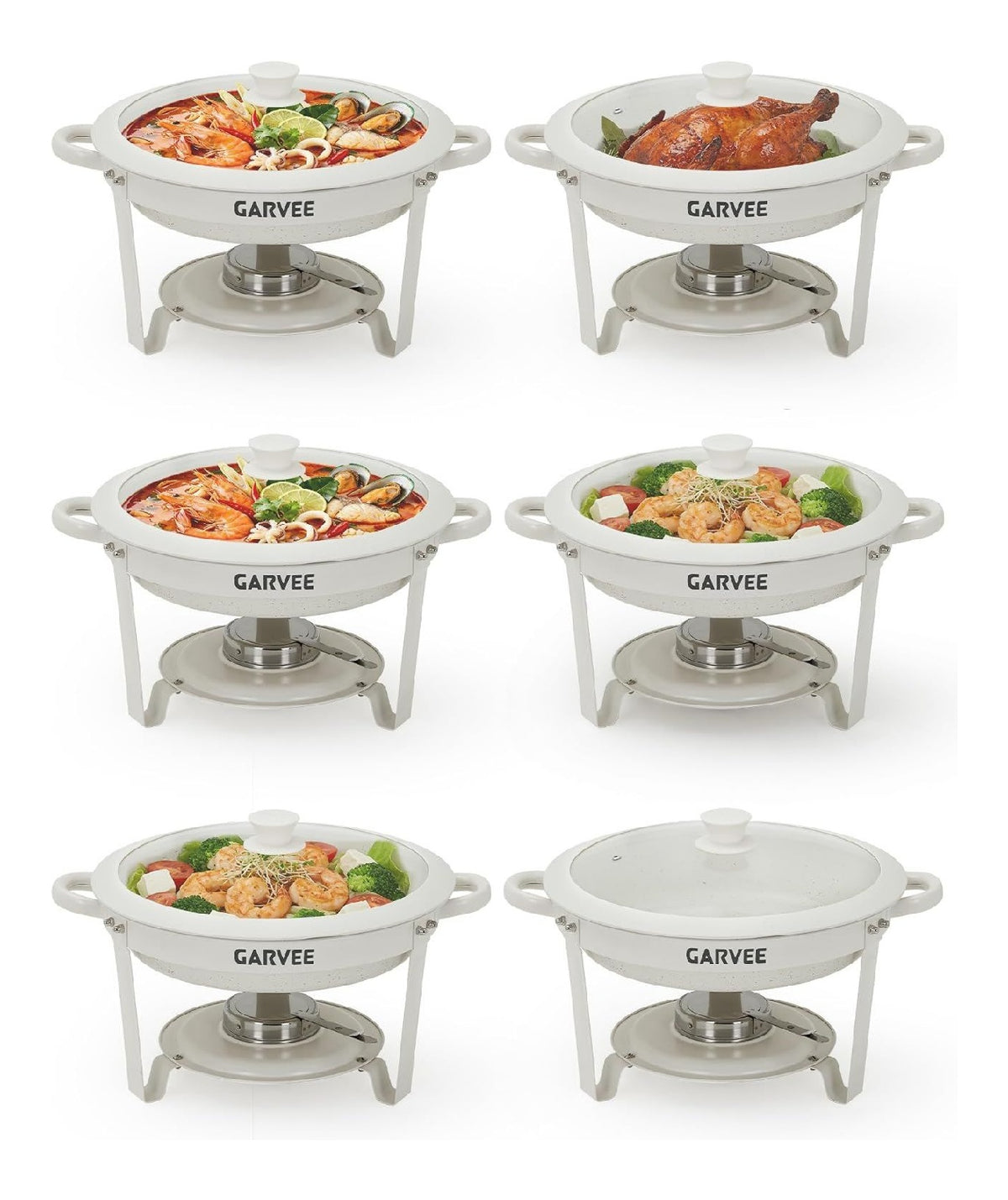 Runde Chafing Dish Buffet-Set 6er Set, 5 QT Warmebehalter mit Maifanit-Beschichtung und Glasdeckel mit Silikonband, Edelstahl Speisenwarmer fur Partys Hochzeit Restaurant Catering