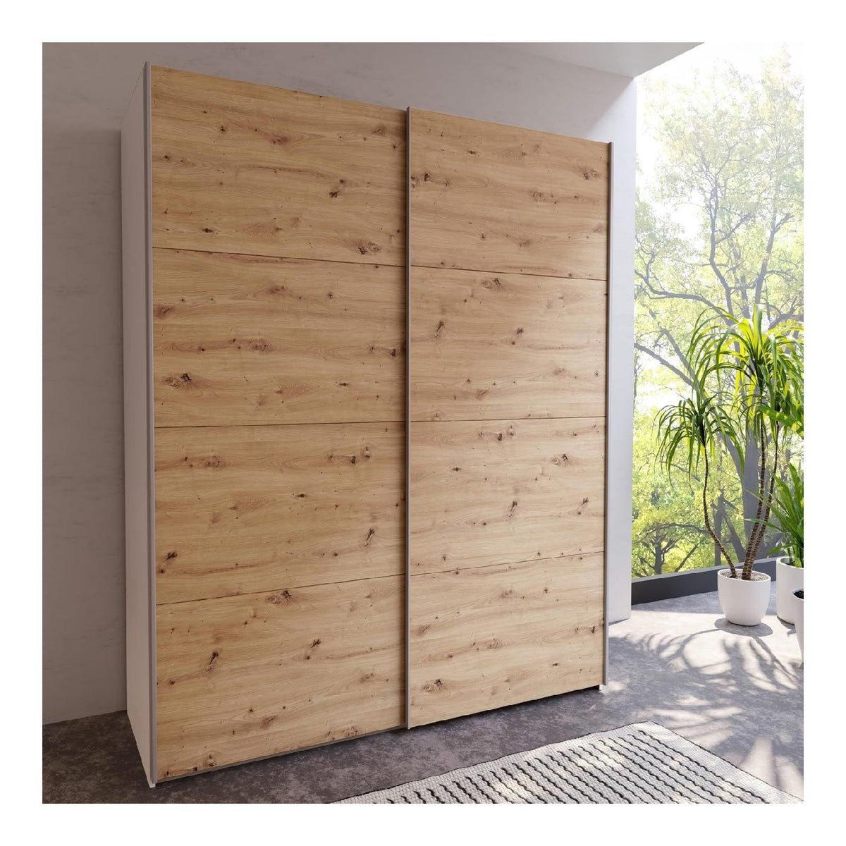 Schach & MATT 2 Schrank 170, moderner Kleiderschrank 2-turig, Schwebeturenschrank, Holzwerkstoff, Artisan Eiche Holzdekor mit Wei , 170,3 cm breit x 210,5 cm hoch x 61,2 cm tief