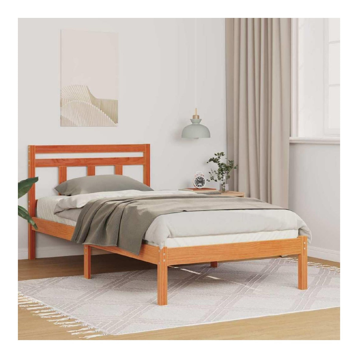Bettrahmen Braun 90x200 cm aus massivem Kiefernholz, modernes Einzelbett mit Lattenrost, Robustes Schlafzimmer-Mobel fur Erwachsene und Jugendliche