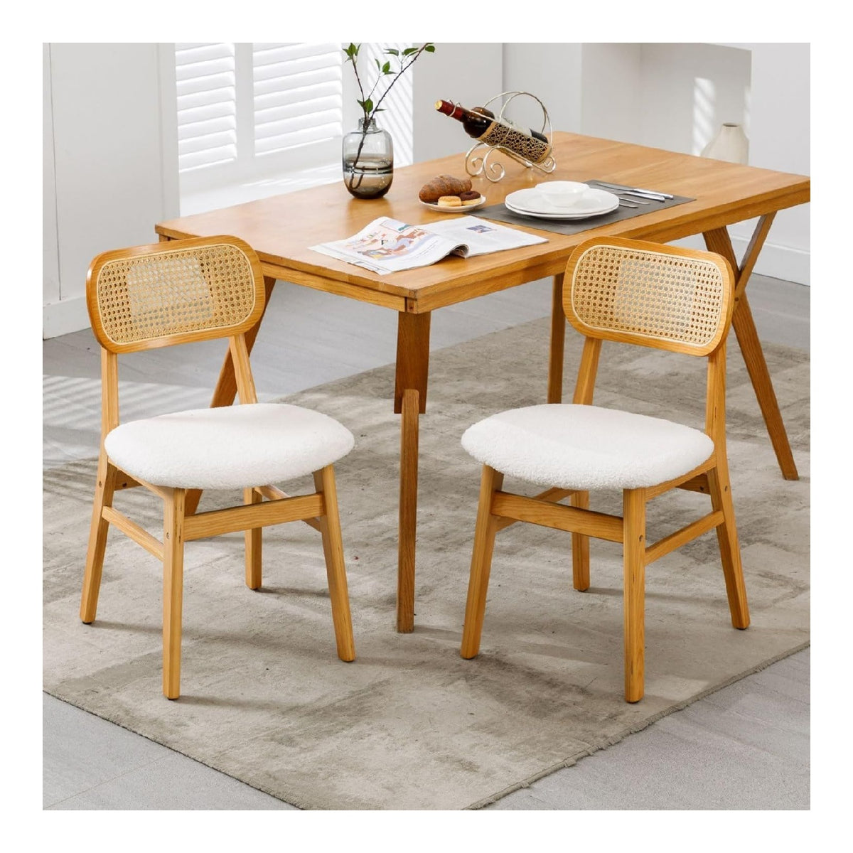 Esszimmerstuhle 2er Set Kunstfell Kuchenstuhle mit Ruckenlehne Akzentstuhle Rattan Polsterstuhl mit Massivholzbeinen fur Esszimmer/Wohnzimmer/Kuche, Beige