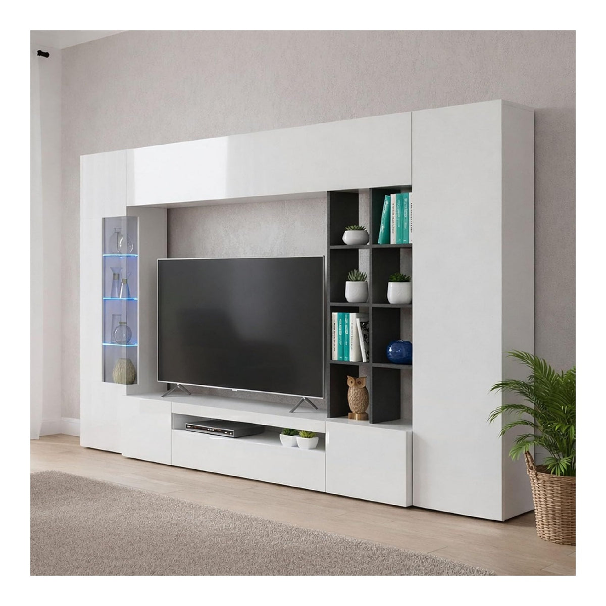 Ausgestattete Wand Ocean, TV-Stander-Wohnzimmerset, Mehrzweck-Wohnzimmermobel mit LED-Licht, 100 % Made in Italy, 290 x 40 x 192 cm, glanzendes Wei und Schiefer