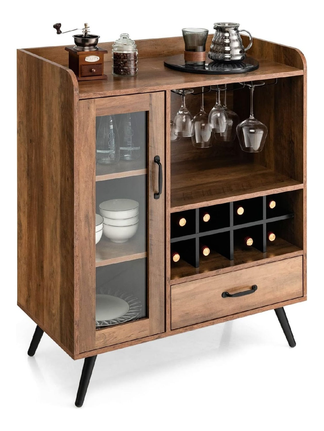 Weinschrank mit Glashaltern & Weinregal, Barschrank Vintage mit Glastur & Schublade, Aufbewahrungsschrank Holz, weinstander 80 x 40 x 95 cm fur Kuche, Esszimmer, Bar