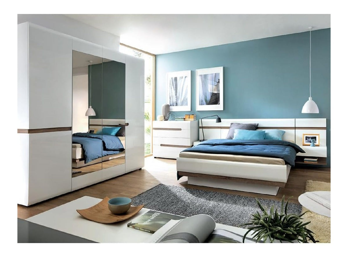 Schlafzimmermobel Set mit 140cm Bett in wei Hochglanz mit Truffel Eiche Nb.