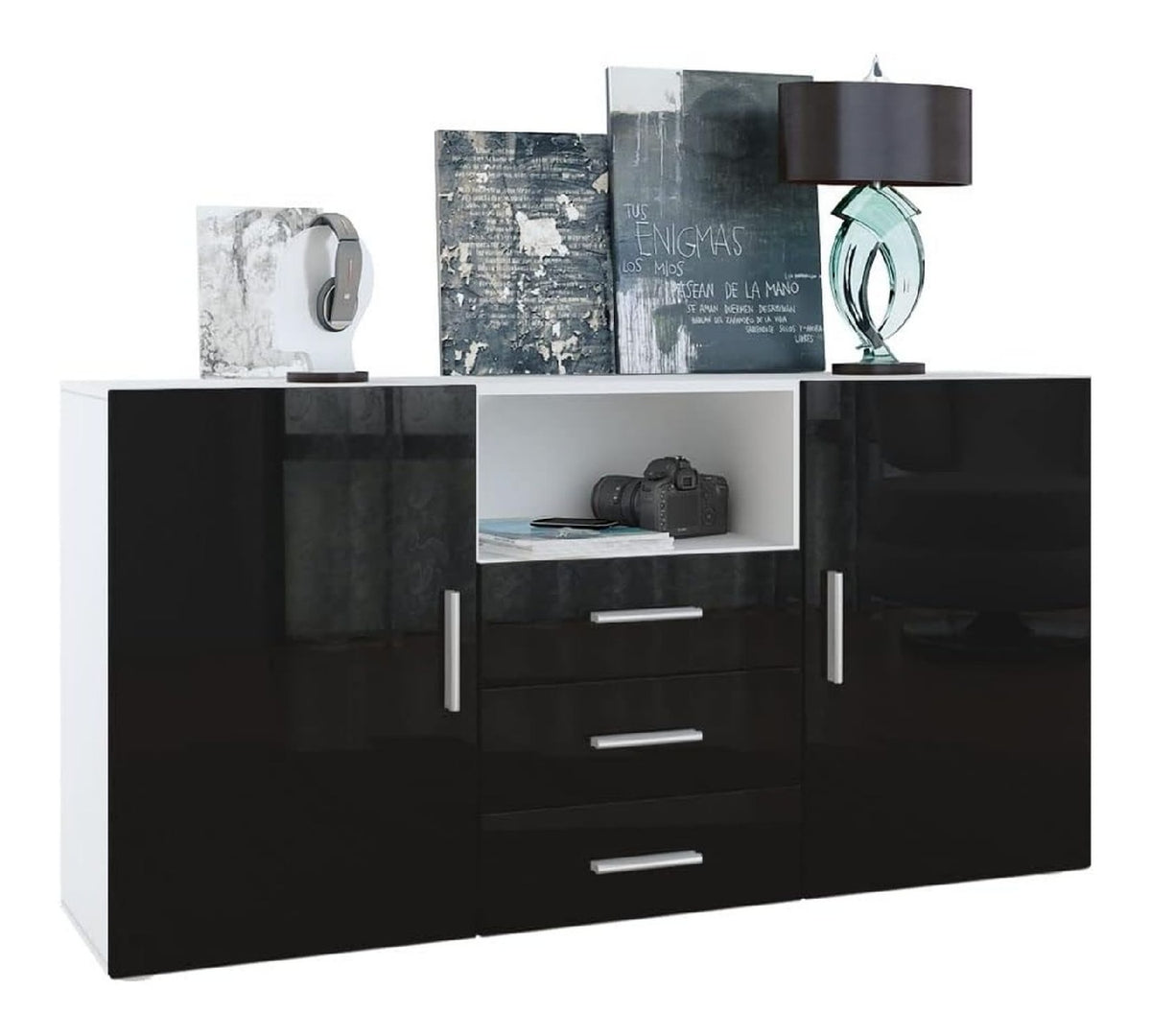 Sideboard Skadu, Kommode mit 2 Turen, 3 Schubladen und 1 offenem Fach, Wei matt/Schwarz Hochglanz (138,5 x 71,5 x 35 cm)