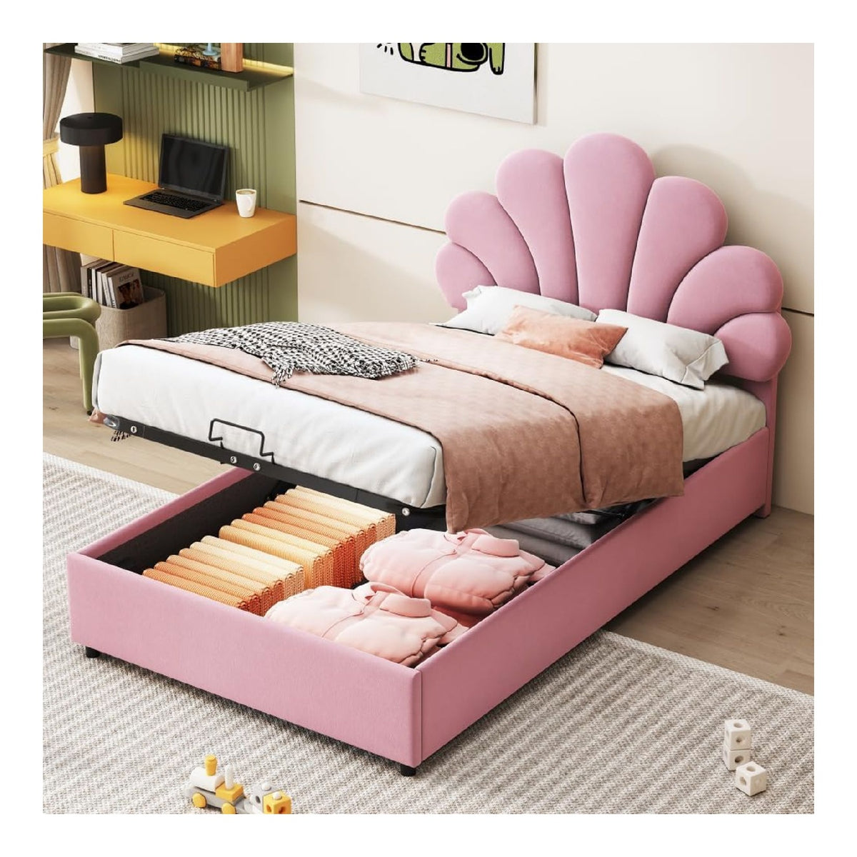Bett mit Bettkasten 90 x 200 cm mit floralem Kopfteil und Lattenrost, Bettrahmen mit hohenverstellbarem Kopfteil und hydraulischem Stauraum, hautfreundlicher Samtstoff, Rosa