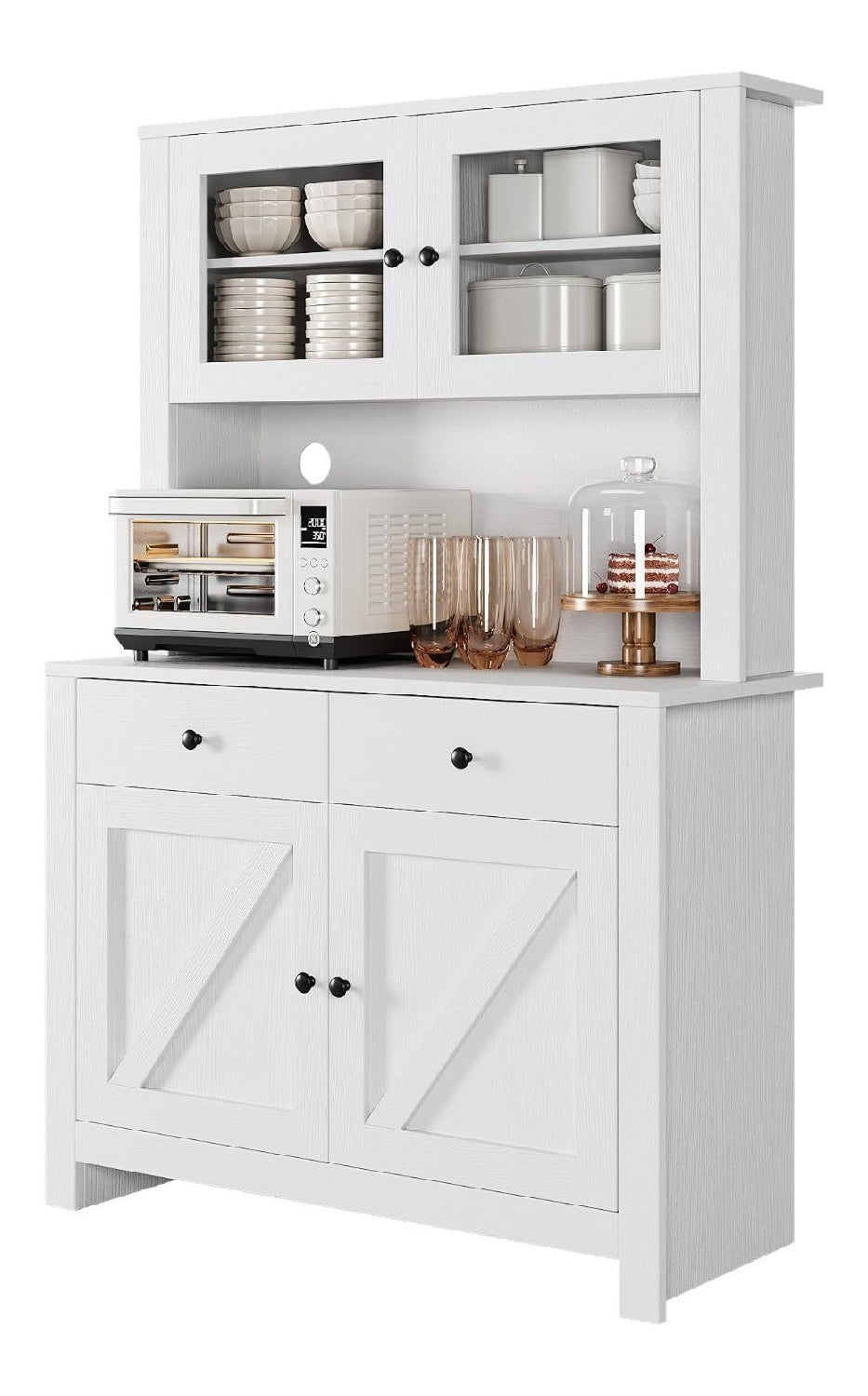 Viel Stauraum Kuchen-Vorratsschrank (Pantry) freistehend - mit Mikrowellenablage, Aufsatz, Turen, 2 Schubladen & verstellbaren Regalboden - fur Kuche & Esszimmer - Wei Holzoptik