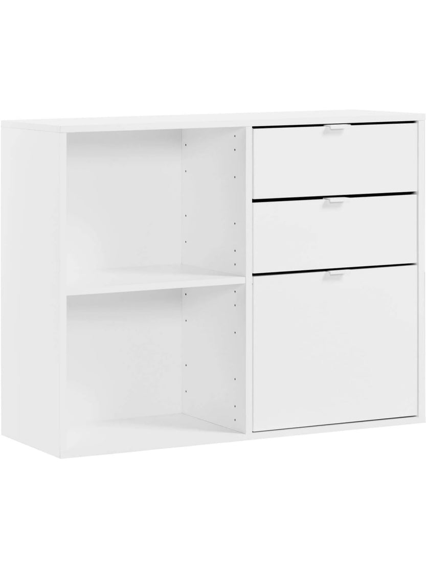Bucherregal mit Schubladen und offenen Fachern in Weiss