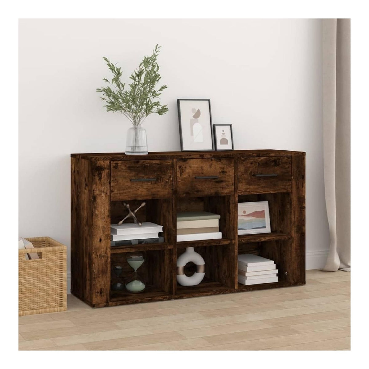 Sideboard fur Esszimmer, Eichenholz, Rauchgrau, 100 x 30 x 59,5 cm, mehrschichtiges Holz, klassischer Schrank fur Wohnzimmer, Buffet, robuste Arbeitsplatte, seitlicher Schrank, Fotoausstellung