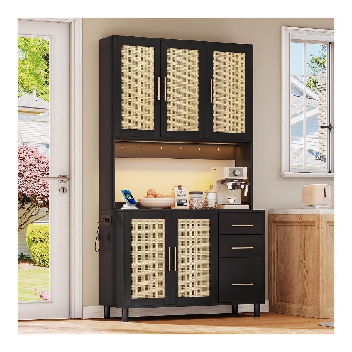 Kuchenanrichte 183cm Buffet App-gesteuerte LED-Deko-Lichter 2xUSB 2 x Steckdosen, verstellbare Einlegeboden, 3 Schubladen, goldene Metallgriffe ideal fur Kuchen und Esszimmer