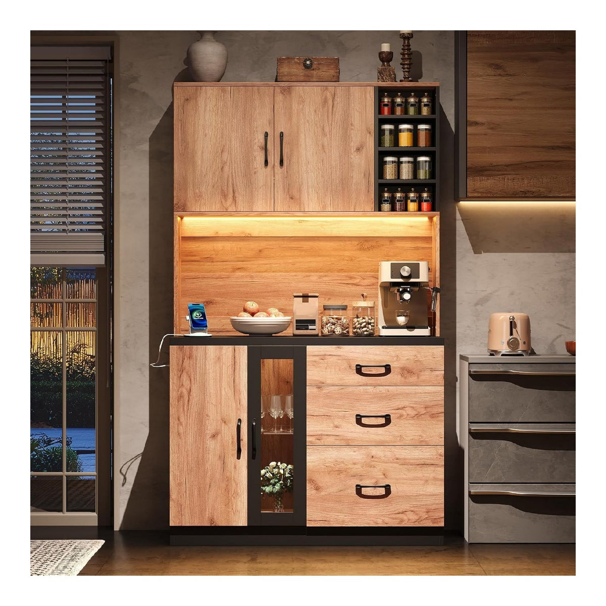 Kuchenschrank, Buffetschrank mit Schrank, Gewurzregal, Schublade und Verstellbaren Ablagen, Kuchenbuffet mit LED, Steckdosen und USB, Kuchenmobel fur Kuche, Esszimmer 105x38.3x180cm (Natur)