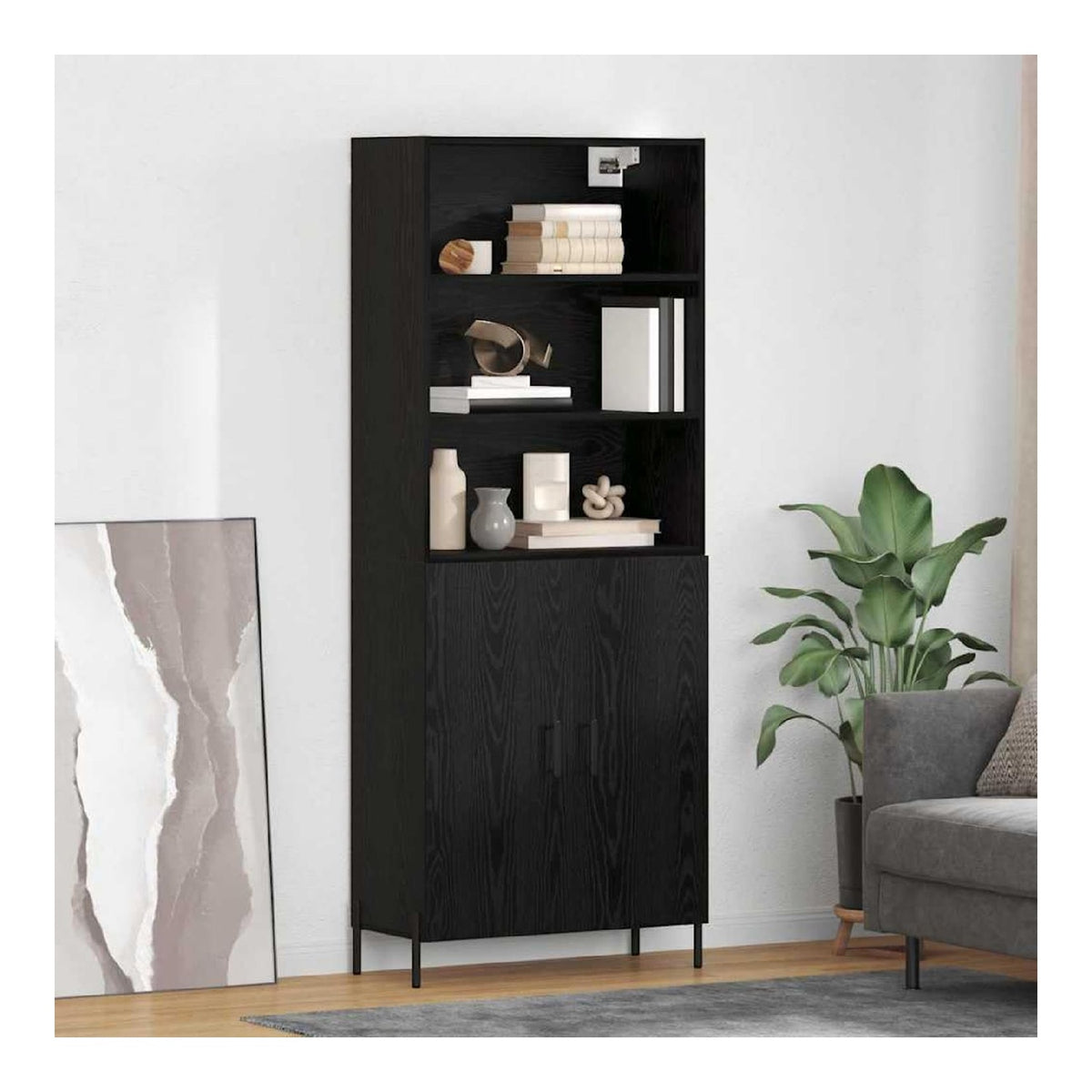 Highboard Schwarz Eichen-Optik Holzwerkstoff 69,5 x 34 x 180 cm modernes Sideboard mit Stauraum, Kuchen- und Wohnzimmermobel, Buffet Schrank, praktische Aufbewahrungslosung