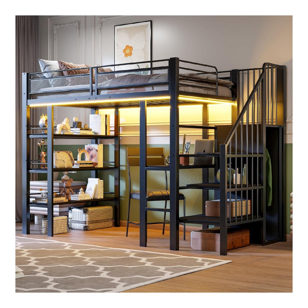 Hochbett Metallbett 90x200cm mit Kleiderschrank & Schreibtisch & Treppe & 3 Regalen, Bettrahmen Etagenbett mit Lattenroste aus Metall, Jugendbett, ohne Matratze