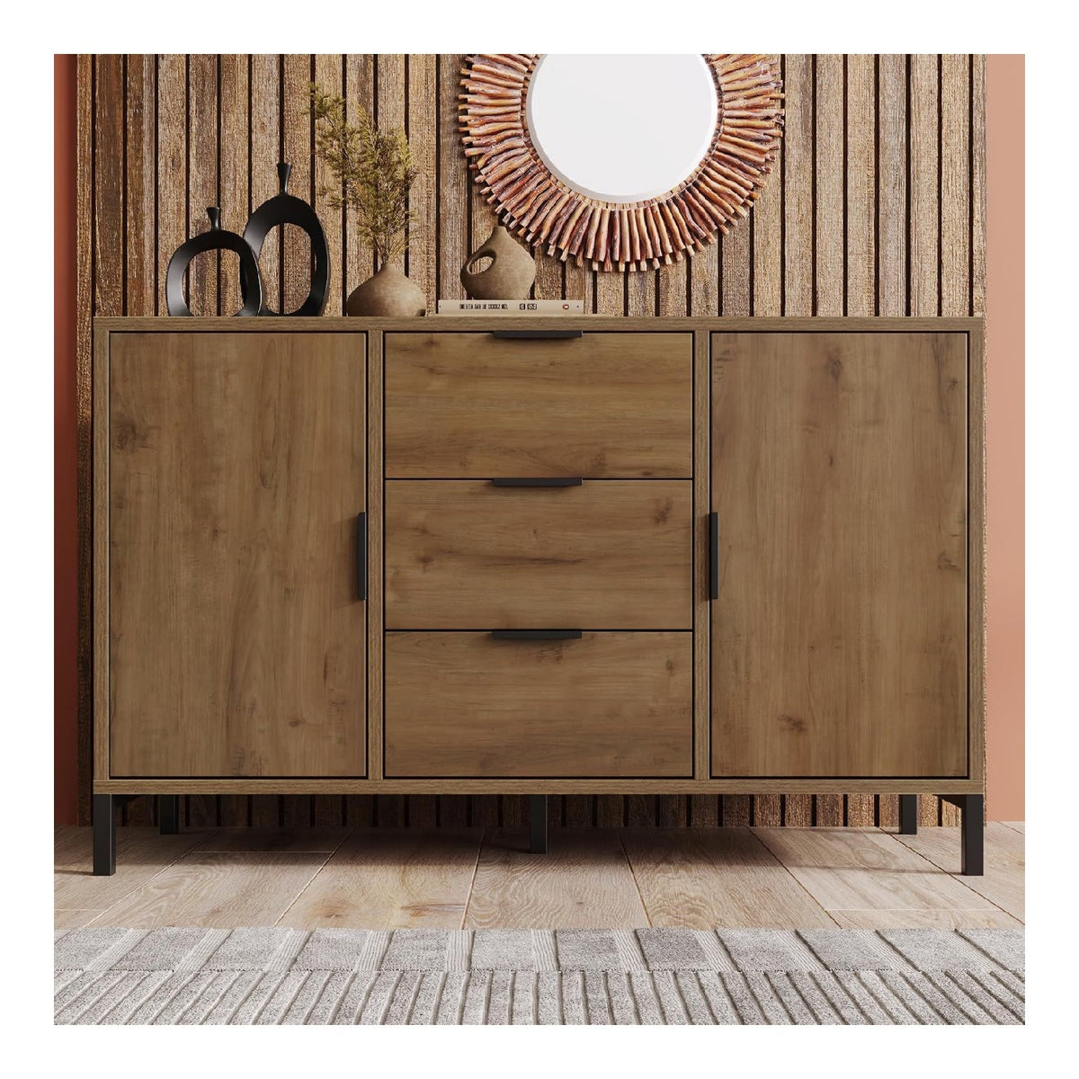Sideboard Kommode mit 2 Turen und 3 Schubladen 120 cm, Buffetschrank mit Verstellbares Ablage, Aufbewahrungsschrank in Dunkle Eiche, Metallbeinen, fur Schlafzimmer, Wohnzimmer, 120x40x76 cm