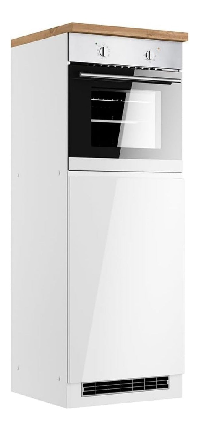 Kuchenschrank Umbauschrank fur Kuhlschrank und Backofen 60 cm, Hochglanz wei , Arbeitsplatte Eiche