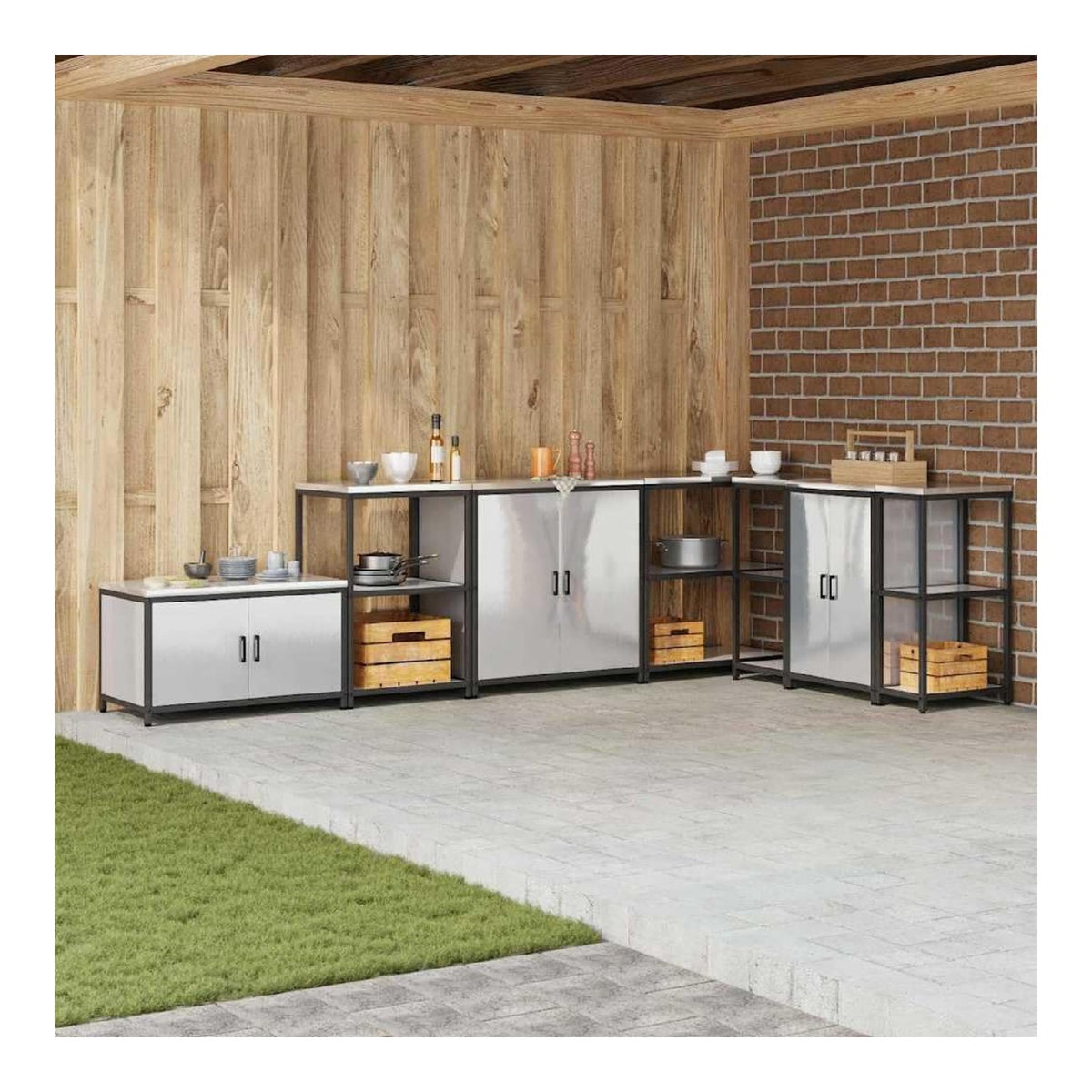 Kuchenaufbewahrung mit Regal und 2 Turen Silber 90 x 50 x 92 cm Stahl, robuster Kuchenschrank fur Stauraum und Ordnung, vielseitiges Buffet fur Kuche, Esszimmer, Flur, Speisekammer