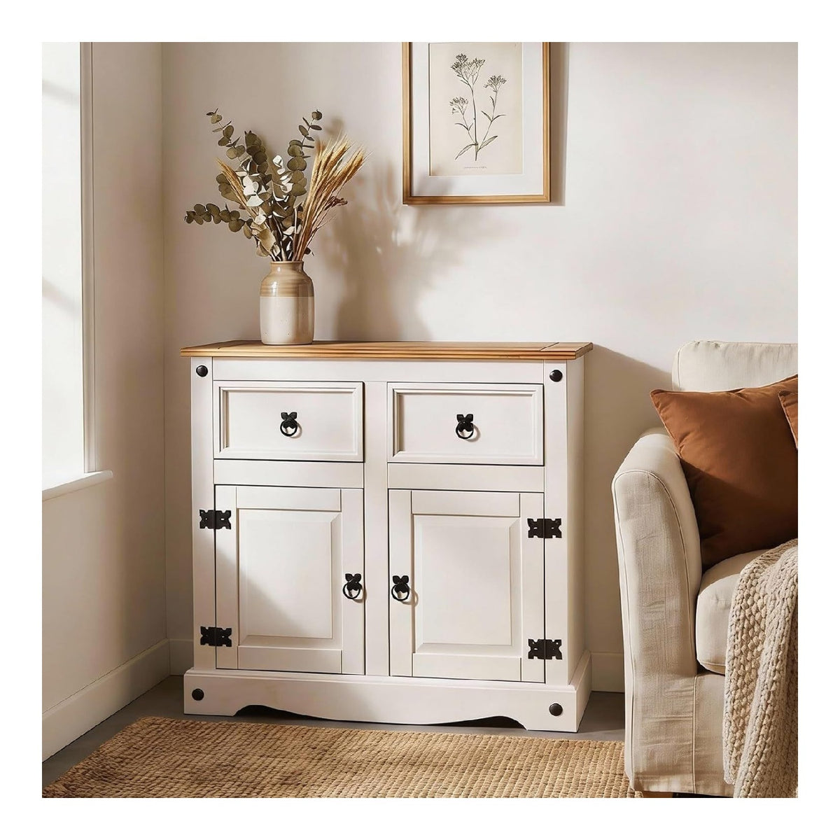 Kommode Campo Sideboard Buffetschrank Geschirrschrank Kiefer massiv mit 2 Schubladen und 2 Turen, braun/wei