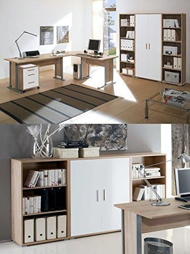 Komplettes Buromobel Set mit Winkelschreibtisch und Highboard in Sonoma Eiche und Weiss