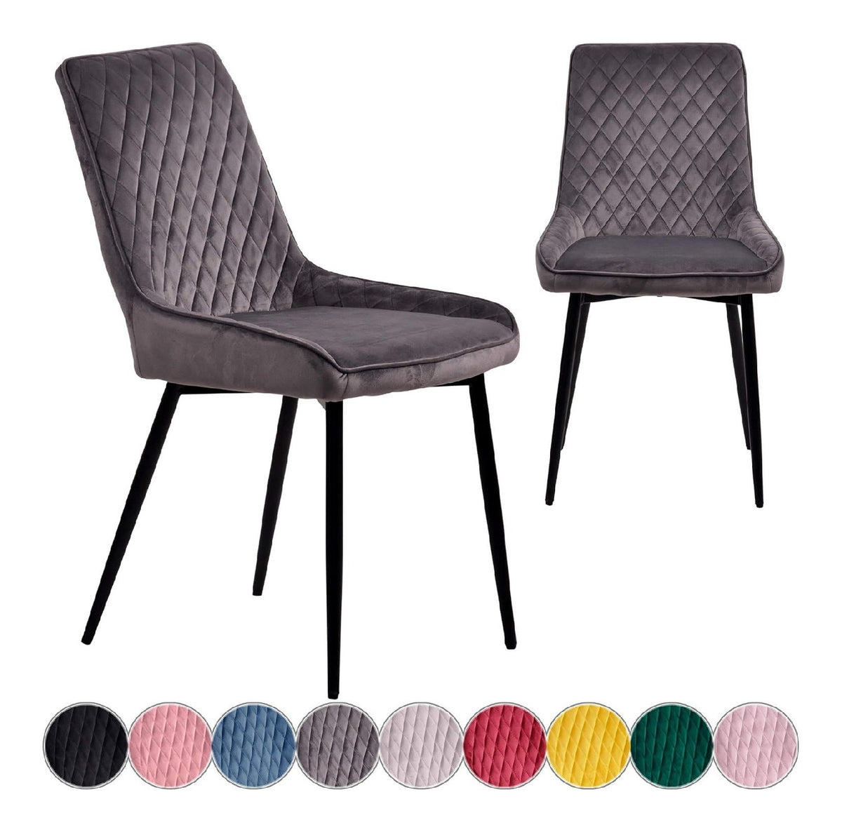 2X Esszimmerstuhle 2er Set Dunkel Grau Esszimmerstuhl Kuchenstuhl Polsterstuhl Design Stuhl mit Ruckenlehne, mit Sitzflache aus Samt/Stoffbezug Gestell aus Metall Samt Stuhle