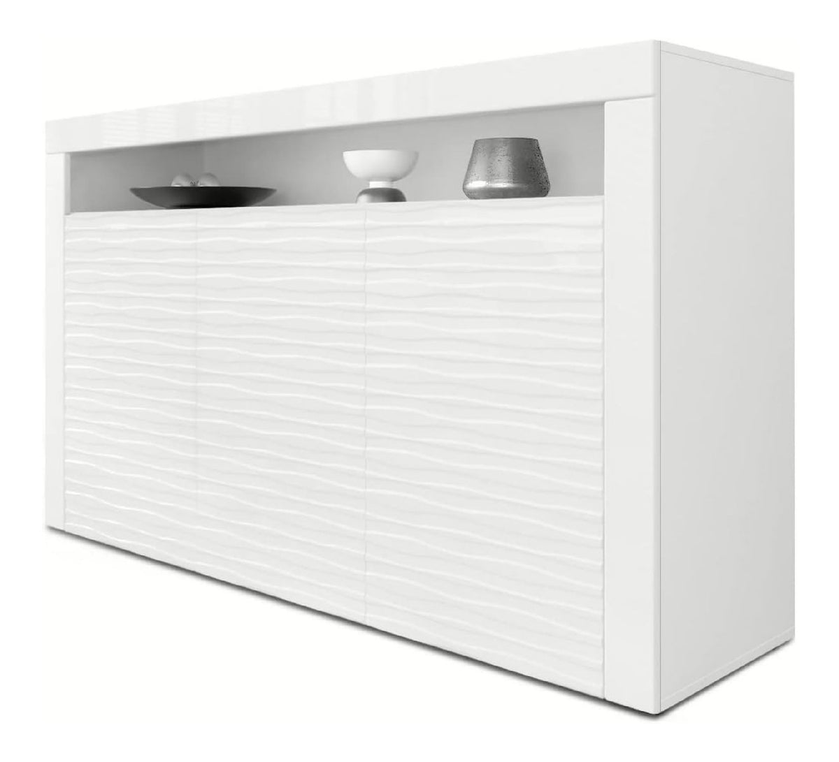 Sideboard Valencia, Made in Germany, Kommode mit 3 Turen und 1 offenem Fach, Wei Matt/Wei Hochglanz Harmony mit 3D Struktur/Wei Hochglanz (155 x 92 x 40 cm)