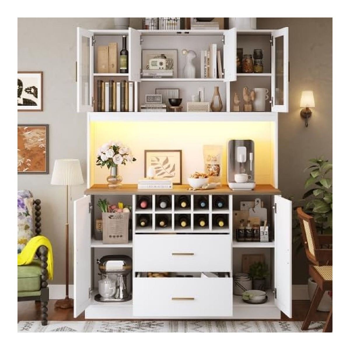 Kuchenschrank mit LED-Beleuchtung, Sideboard Buffetschrank mit Steckdosen und USB, 6 Turen 2 Schubladen, aus robustem MDF, fur Wohnzimmer Kuche, 120 x 36,3 x 180 cm, Wei