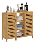 soges Badezimmerschrank Beistellschrank Badschrank Konsole Aufbewahrungsschrank Buffets mit Lamellentur und 3-stockiger Regalen, Bambusschrank fur Kuche, Wohnzimmer, Badezimmer