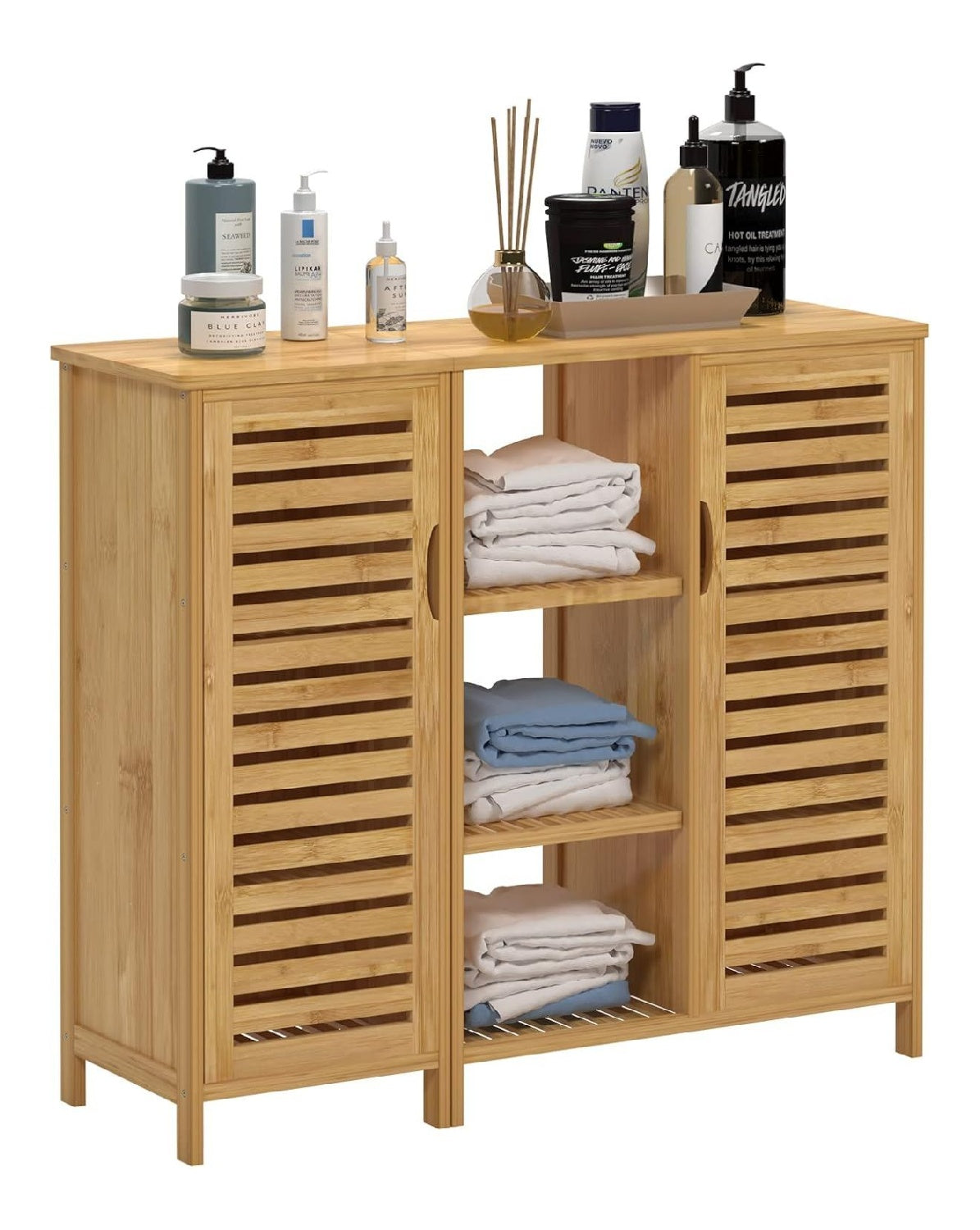 soges Badezimmerschrank Beistellschrank Badschrank Konsole Aufbewahrungsschrank Buffets mit Lamellentur und 3-stockiger Regalen, Bambusschrank fur Kuche, Wohnzimmer, Badezimmer