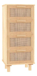 Sideboard Braun 40x30x90 cm aus Massivem Kiefernholz und Natur-Rattan mit 4 Schubladen