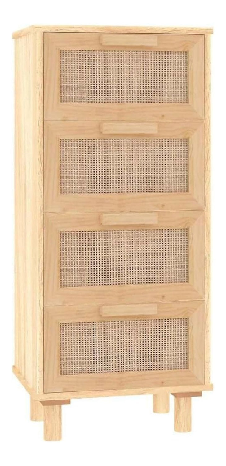 Sideboard Braun 40x30x90 cm aus Massivem Kiefernholz und Natur-Rattan mit 4 Schubladen