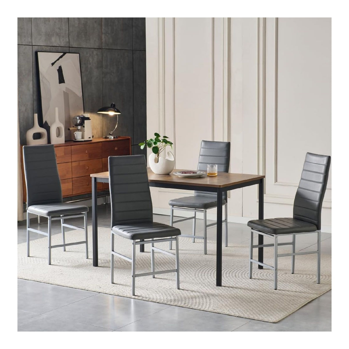 5-teiliges Tisch und Stuhle, Esstisch und 4X Stuhl,MDF-Tisch mit Metallbeinen,Esszimmerstuhle aus Kunstleder 4er Esszimmerstuhl, fur Kuchen Wohnzimmer (5, Braun/Dunkelgrau, 120 x 70 x 75cm)