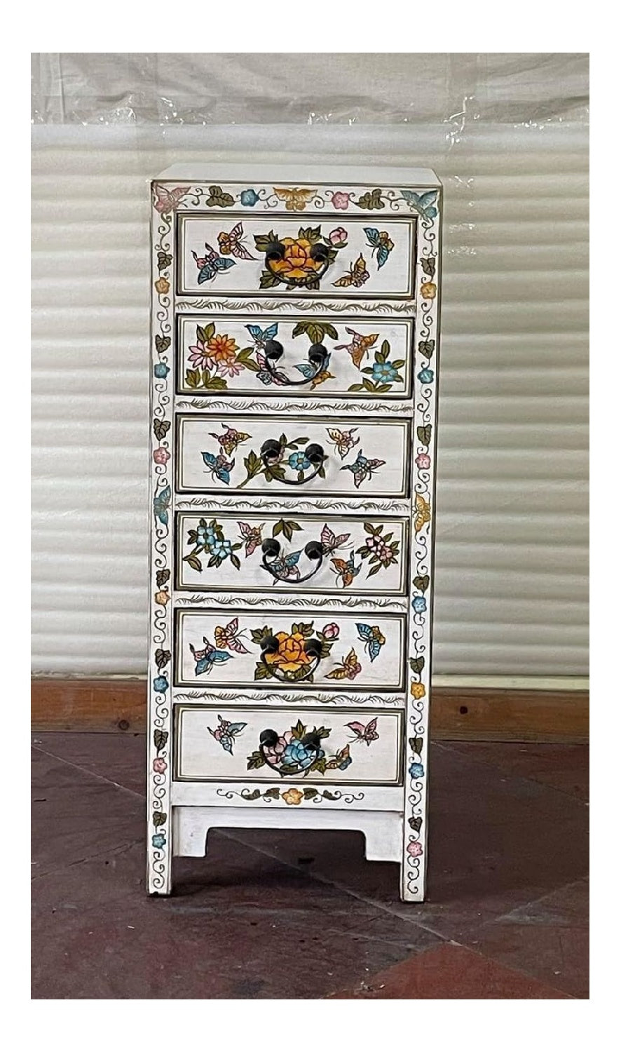 Kunibert Antike chinesische Kommode Tibet Anrichte Asia Sideboard Chinakommode mit 6 Schubladen Breite45xHohe115cm Farbe: wei mit Gold