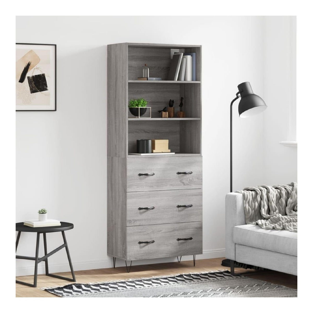 Highboard Grau Sonoma Holzwerkstoff 69,5x34x180 cm mit Metallfu en, Sideboard Cabinet und Kitchen Storage Cabinets fur Living Room und Dining Room, Kitchen Buffet mit viel Stauraum