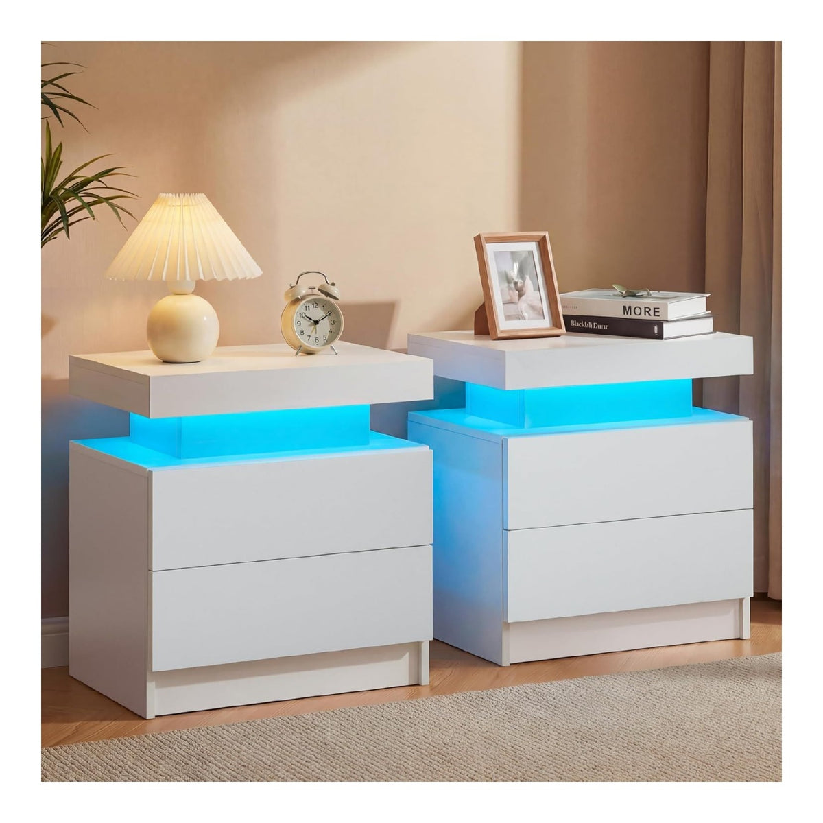 Cubehom Nachttisch 2er Set, Wei , LED-Beleuchtung, 2 Schubladen