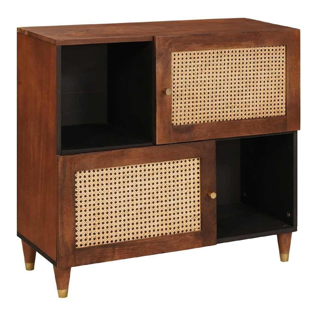 Sideboard Braun, 80x33.5x75 cm, Massives Mangoholz & Rohr, Rechteckiger Buffet Schrank mit Stauraum, fur Wohnzimmer, Esszimmer, Kuche