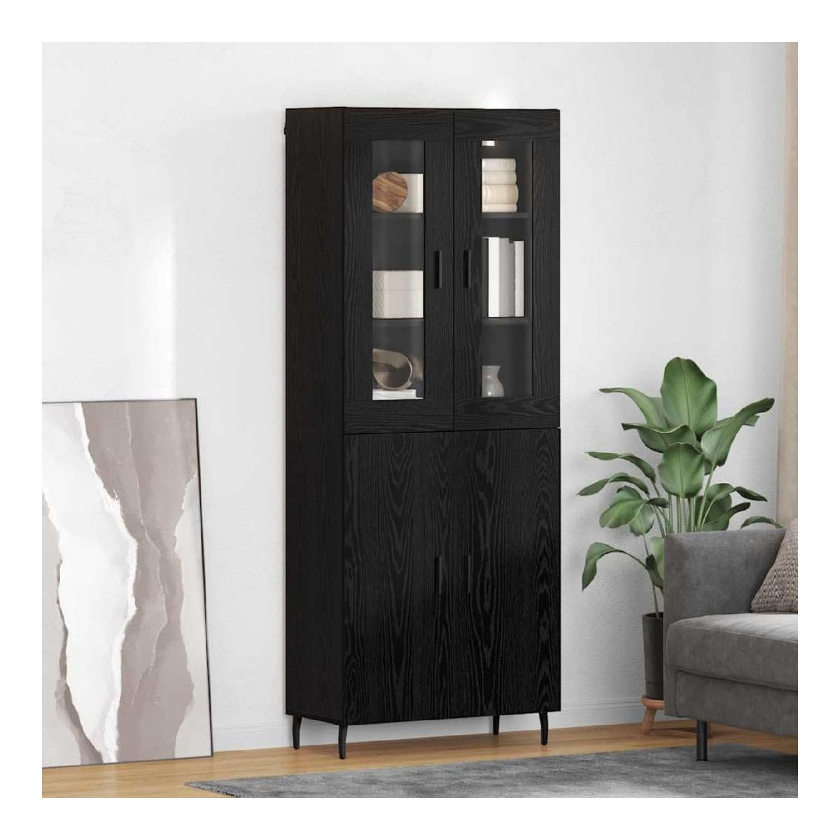 Highboard 2-teilig Schwarz Eichen-Optik Engineered Wood und Glas, Sideboard Buffet Cabinet mit Stauraum, Esszimmer Cabinet, modernes Storage Cabinet, Kuchen Sideboard, Wohnzimmer Credenza