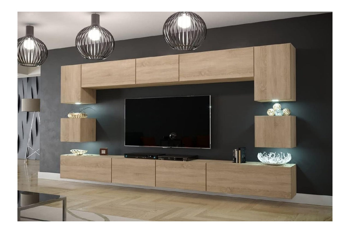 Furnitech Wohnwand Wohnzimmer Mobel (Sonoma Eiche) mit LED RGB - 16 Farben - Hangend Wohnzimmerwand Modern - Schrankwand mit Regale und TV Schrank (Nowara AN1-17S-M50 1C)