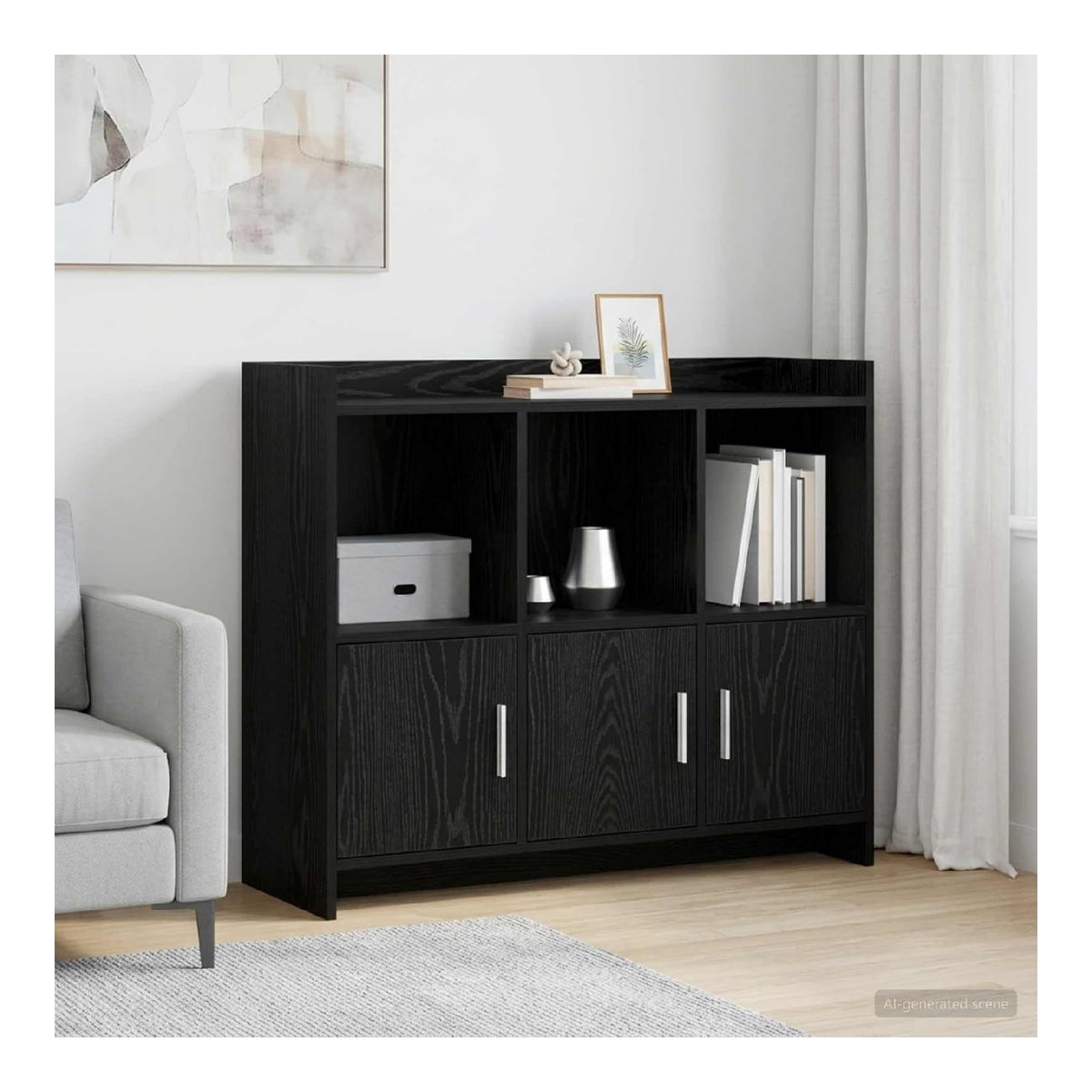 Sideboard Schwarze Eiche Holzwerkstoff 98,5 x 33 x 80 cm mit 3 Turen, 6 Regalfachern und Metallgriffen, Schrank Buffet Konsole fur Esszimmer Wohnzimmer Flur Ordnung