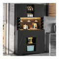Kuchenschrank mit Arbeitsplatte, Buffetschrank mit LED-Beleuchtung, Steckdosen, Kuchenhochschrank mit Weinglashalter und Weinflaschenfachern, Hochschrank fur Esszimmer, Wohnzimmer, Schwarz