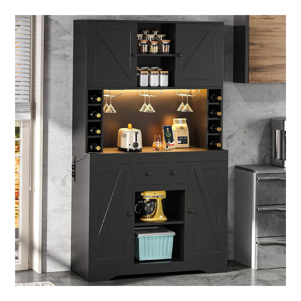 Kuchenschrank mit Arbeitsplatte, Buffetschrank mit LED-Beleuchtung, Steckdosen, Kuchenhochschrank mit Weinglashalter und Weinflaschenfachern, Hochschrank fur Esszimmer, Wohnzimmer, Schwarz