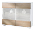 Kommode Bari V3, Moderner Kuchenschrank mit 2 gro en Glasturen inkl. RGB Beleuchtung Wei matt/Eiche sagerau (92,5 x 75.5 x 35)
