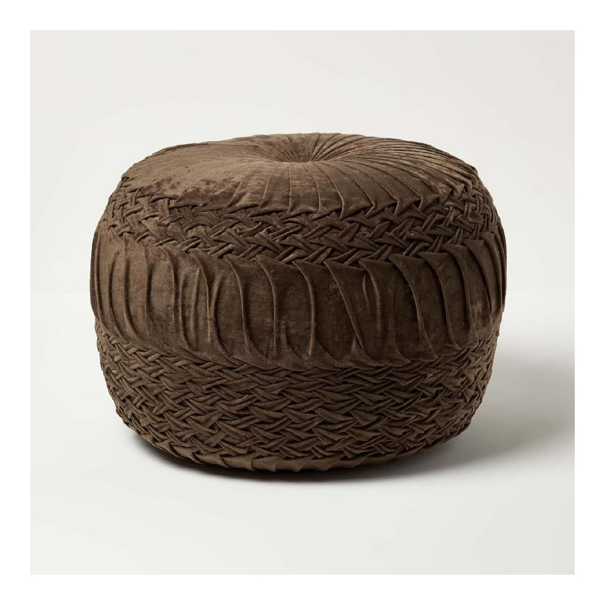 Homescapes Sofia Flecht-Hocker plissiert Schoko 50x35 cm, Samt-Pouf braun, Sitzpouf rund mit Sitzsack-Fullung