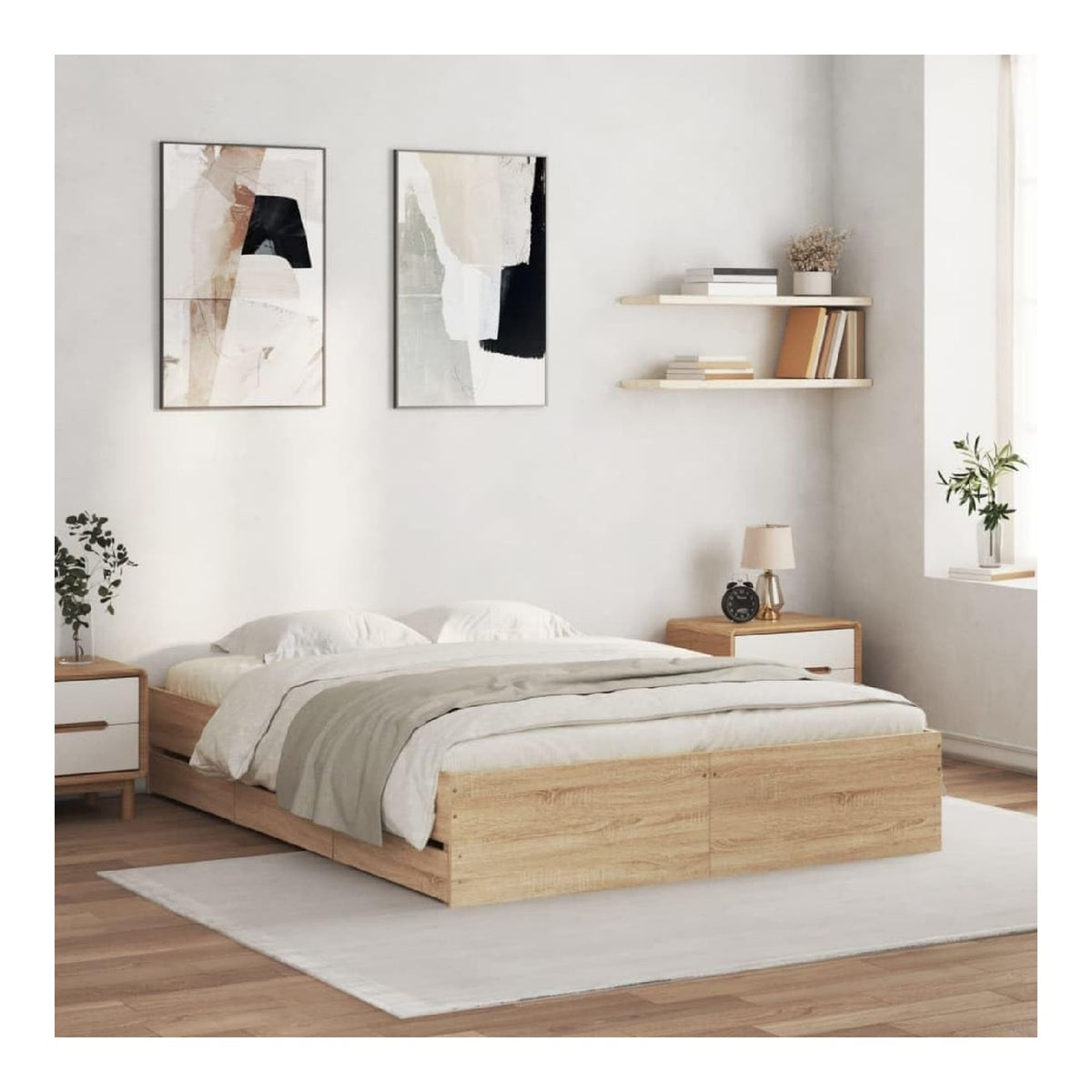 Bettgestell mit Schubladen Sonoma-Eiche 150x200cm, Holzwerkstoff, Robustes Stauraumbett, modernes Design, langlebige Schlafzimmermobel