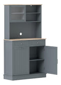 Kuchenschrank mit Abfalleimerhalter, Buffetschrank mit Arbeitsplatte aus Gummiholz, Vitrinenschrank Hochschrank mit 2 Schubladen & Schrank, Sideboard mit verstellbaren Regalen (Grau)