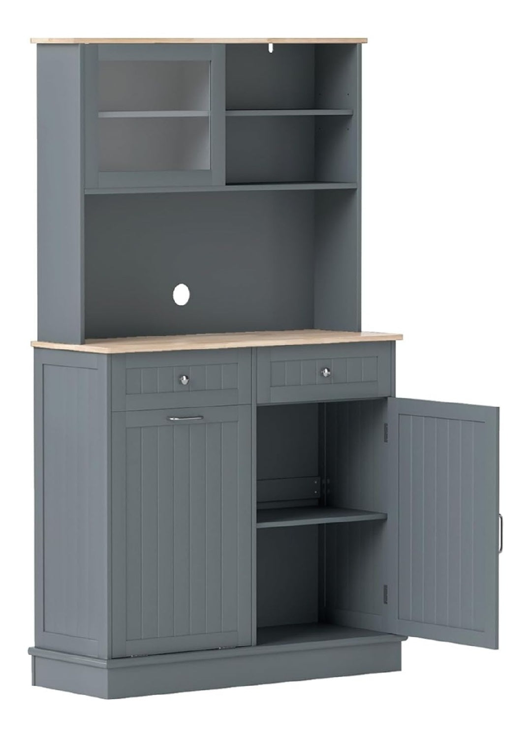 Kuchenschrank mit Abfalleimerhalter, Buffetschrank mit Arbeitsplatte aus Gummiholz, Vitrinenschrank Hochschrank mit 2 Schubladen & Schrank, Sideboard mit verstellbaren Regalen (Grau)