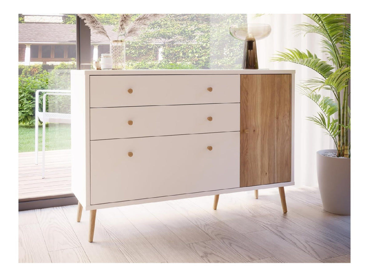 Harllson, einfache Montage Dank EasyKlix Kommode Wei mit Holzdekor: Mauvella Eiche, 120 130, Sideboard, 2 Schubladen 2 Turen, Mid Century, 125 cm breit x 86 cm hoch x 41 cm tief