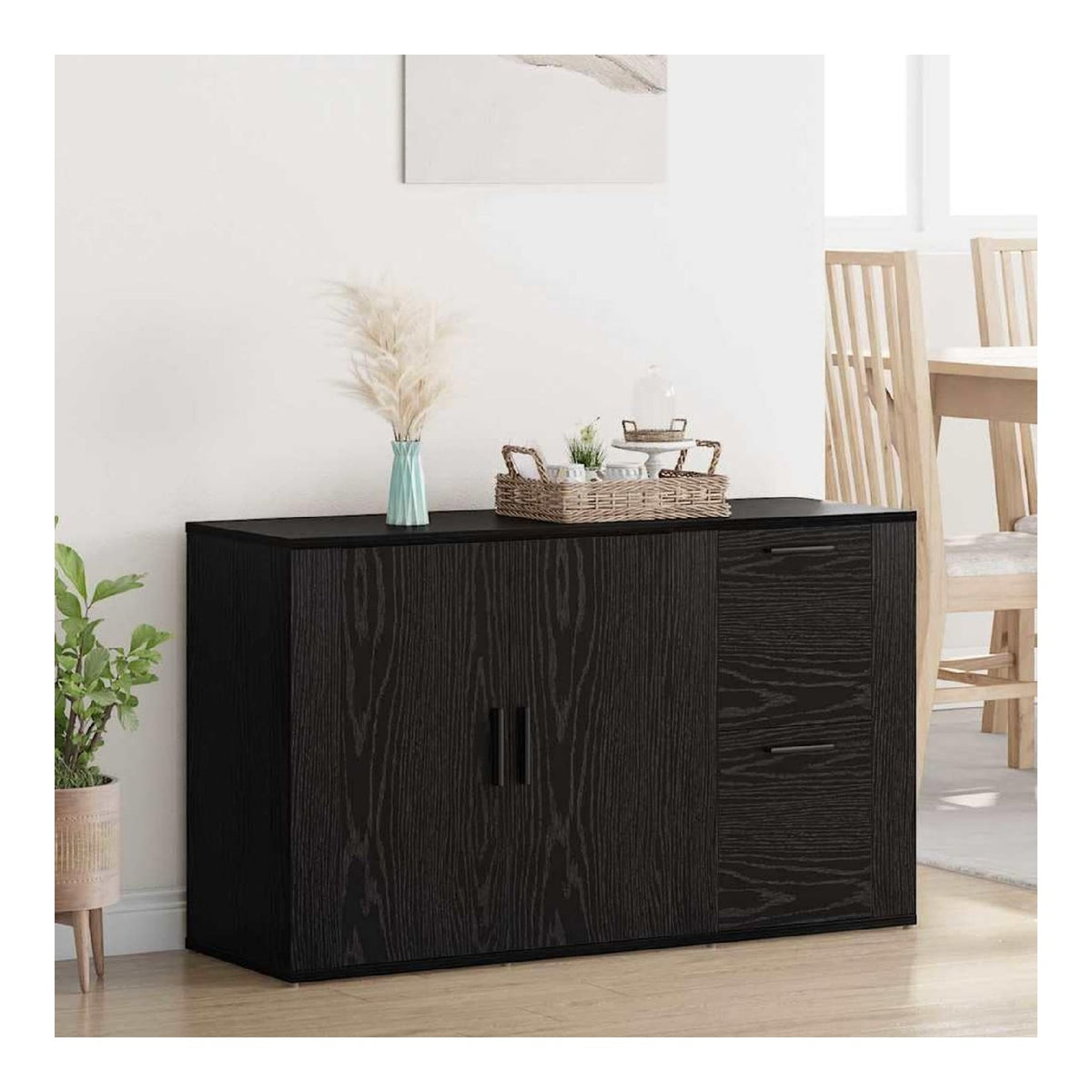 Schwarz Eichen-Optik Sideboard aus Holzwerkstoff 100 x 33 x 59,5 cm mit 2 Schubladen und 2 Turen, moderner Wohn- und Esszimmer Schrank, vielseitiger Stauraum fur Kuchenmobel und Buffet